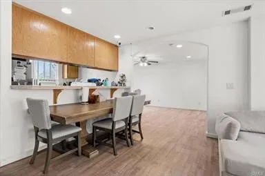 a view of a dining room with furniture