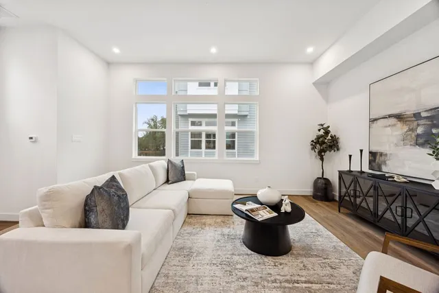 a living room with furniture and a potted plant