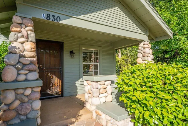a front view of a house with plants