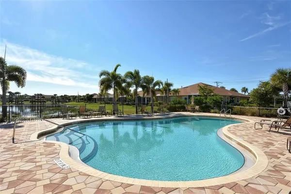 an aerial view of a swimming pool