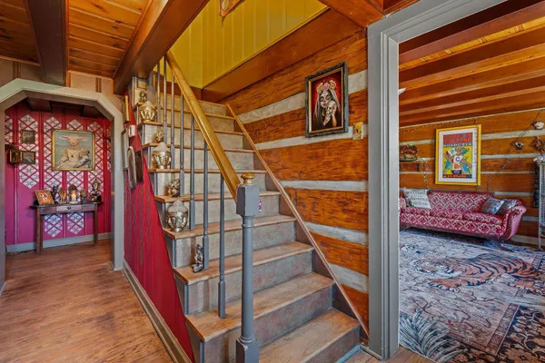 a bedroom with furniture