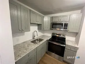 a kitchen with a sink and steel appliances