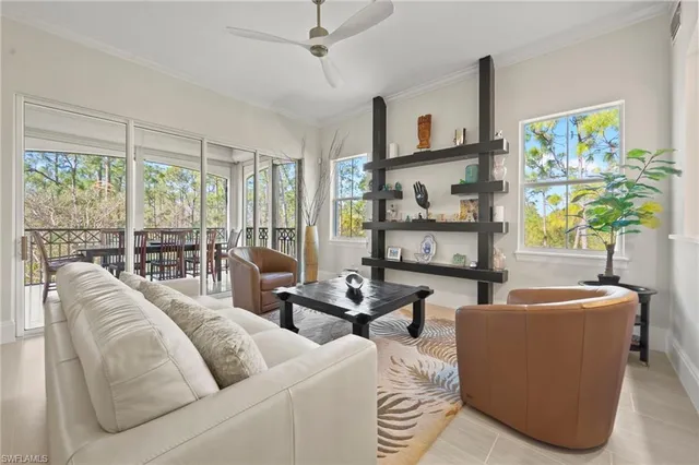 a living room with furniture and large windows