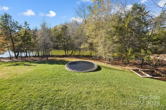 a aerial view of a house with a yard and large trees