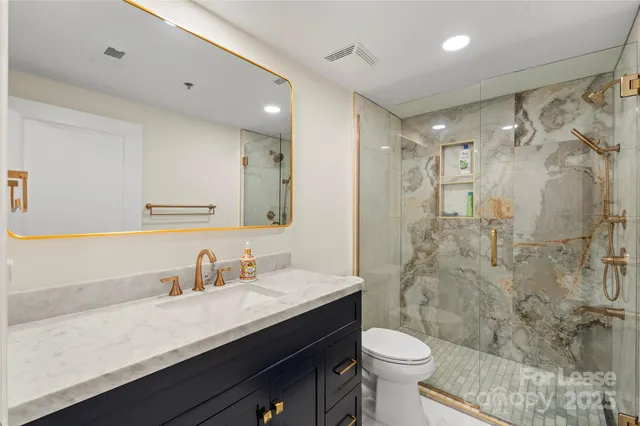 a bathroom with a sink a toilet a shower and a mirror