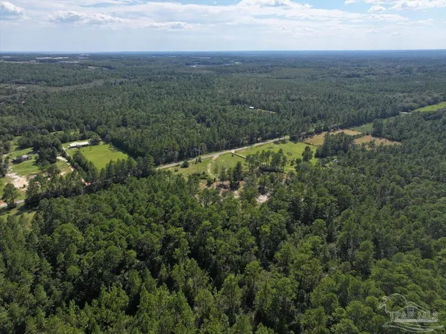 an aerial view of a house with a yard and lake