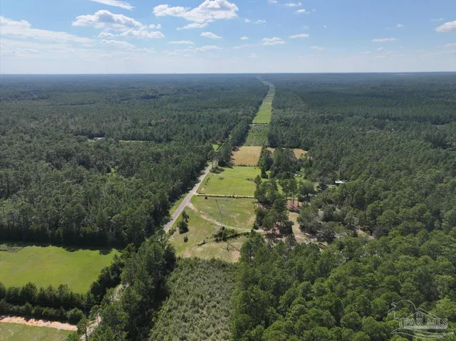an aerial view of residential house with outdoor space and trees all around