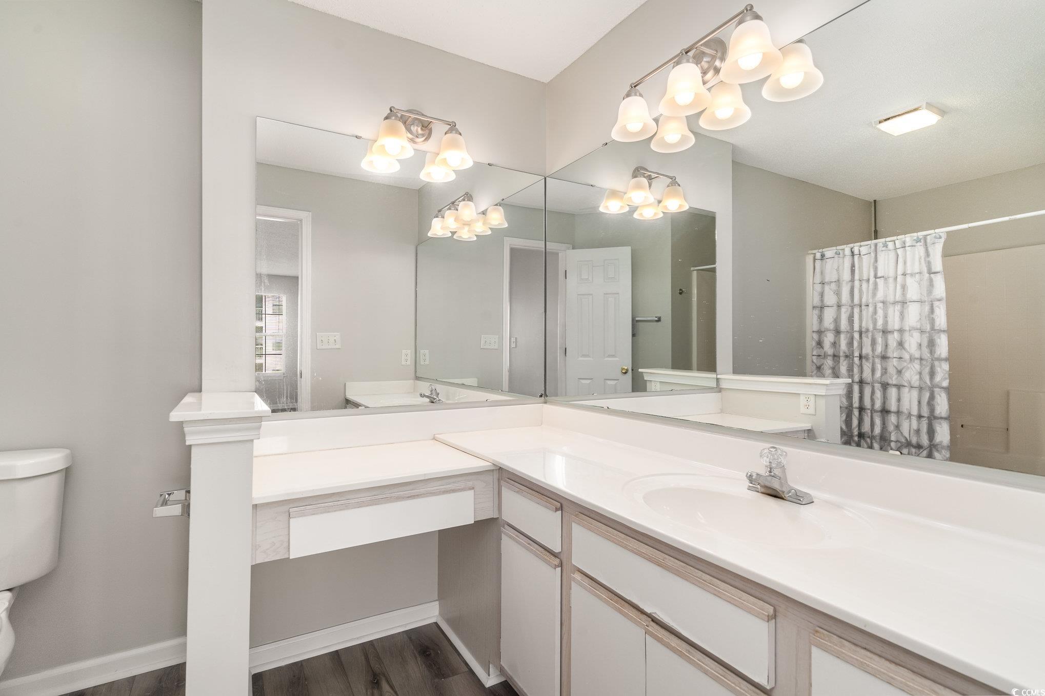 651 Woodmoor Drive, Unit 201 Murrells Inlet, SC 29576 - Photo 19 of 35 Bathroom with dark wood-type flooring, vanity, and a shower with curtain