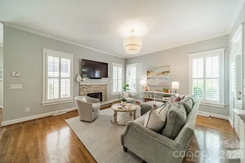 a living room with furniture fireplace and a flat screen tv