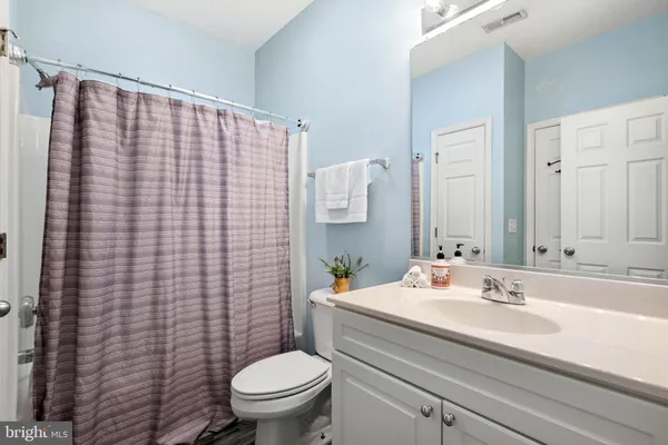 a bathroom with a sink a toilet and shower curtain