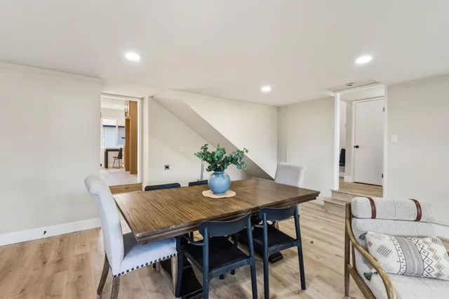a view of a dining room with furniture