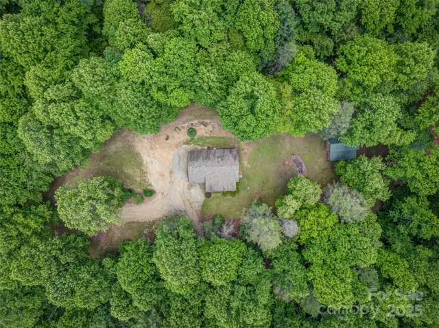 an aerial view of a house with a yard and large trees