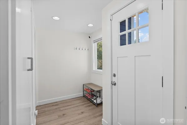 a room with a book shelf