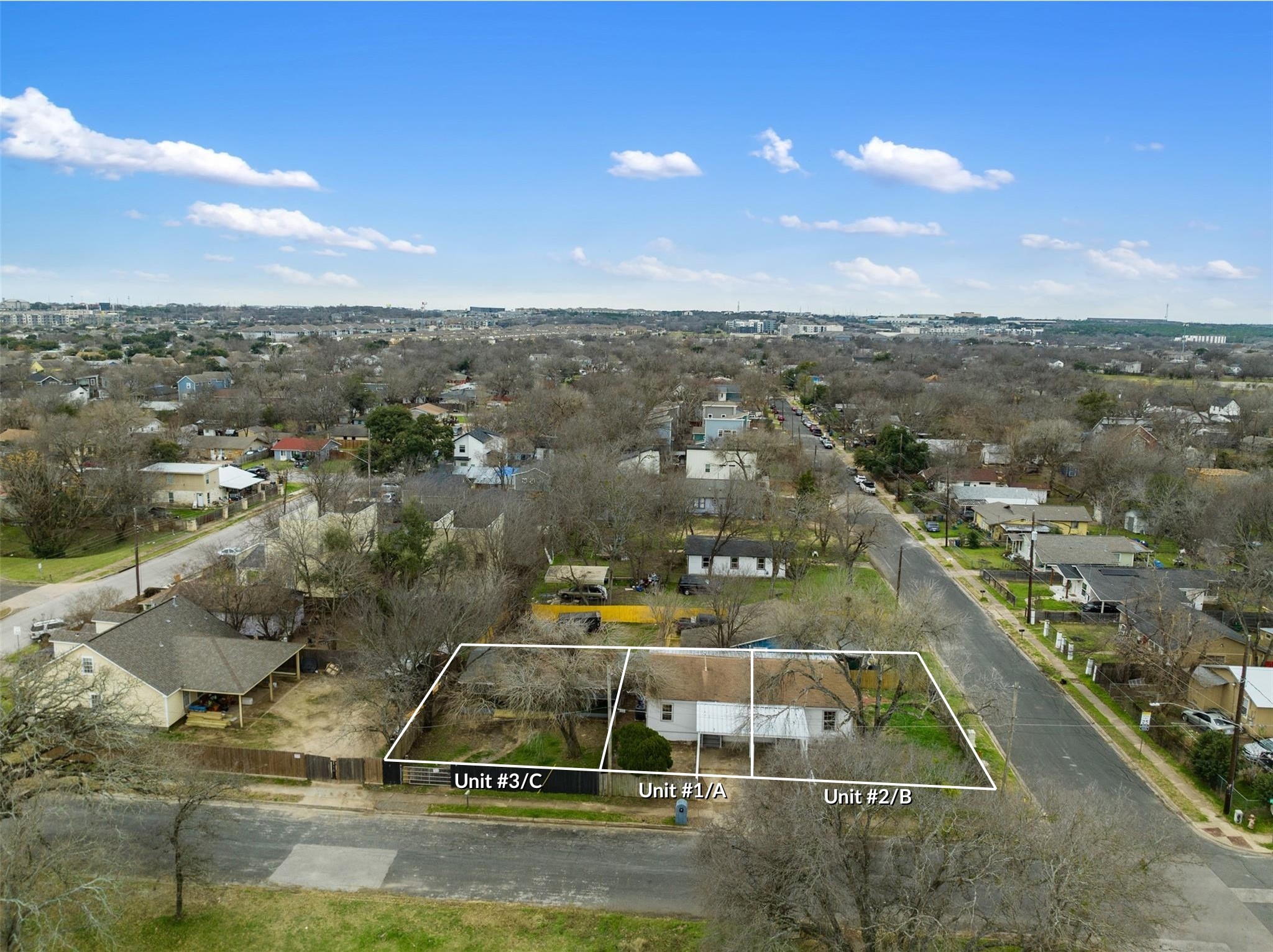 901 Valdez Street, Unit A Austin, TX 78741 - Photo 10 of 16 Aerial view of the front of the property with parcel and units approximately outlined