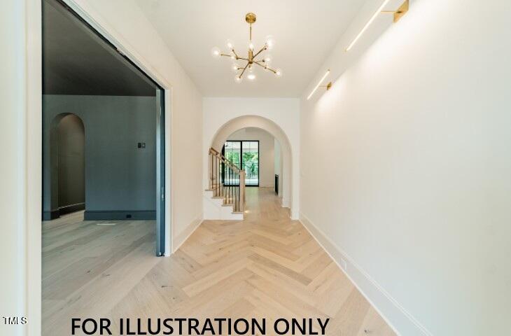 3422 Redbud Lane Raleigh, NC 27607 - Photo 3 of 13 a view of a hallway with a chandelier fan