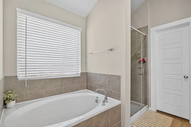 a bathroom with a bathtub and a shower