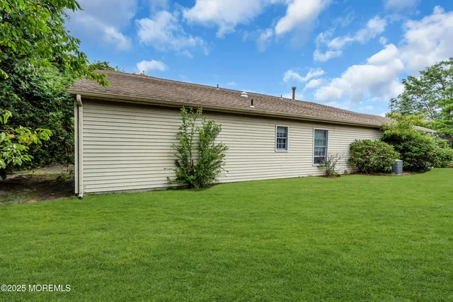 a view of a backyard with plants and large tree