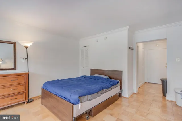 a bedroom with a bed and closet