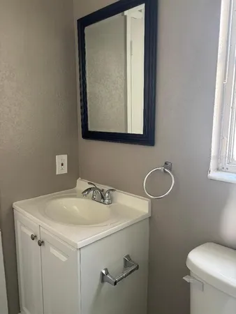 a bathroom with a sink a toilet and a mirror