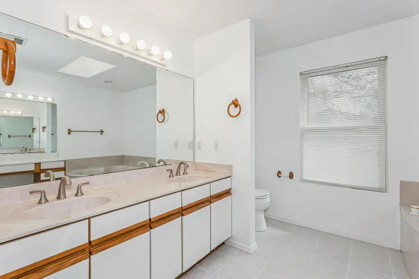 a bathroom with a double vanity sink toilet and a mirror