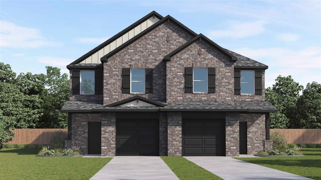 454 Sweet Spring Drive Lavon, TX 75166 - Photo 2 of 3 Two-story duplex with dark brick facade, black shutters, and dual attached garages