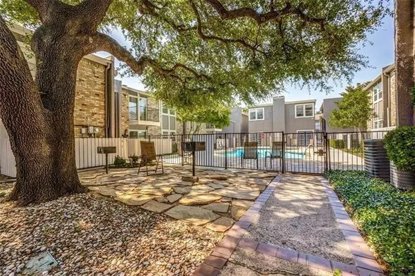 a view of a yard with a large tree
