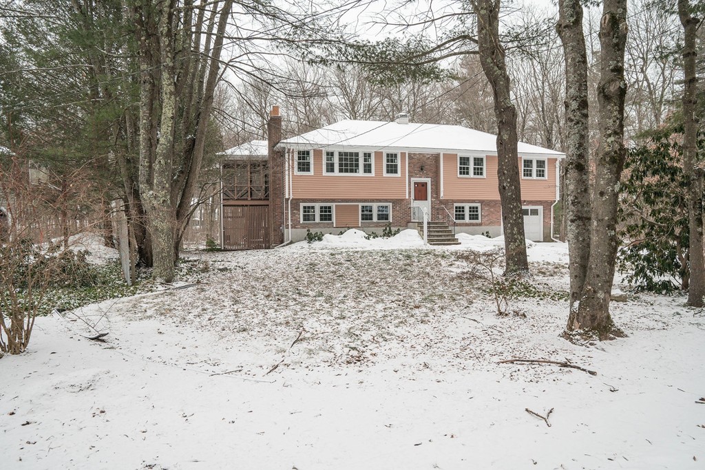 a front view of a house with a yard covered with snow and trees