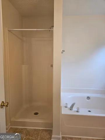 a bathroom with a bathtub and a shower
