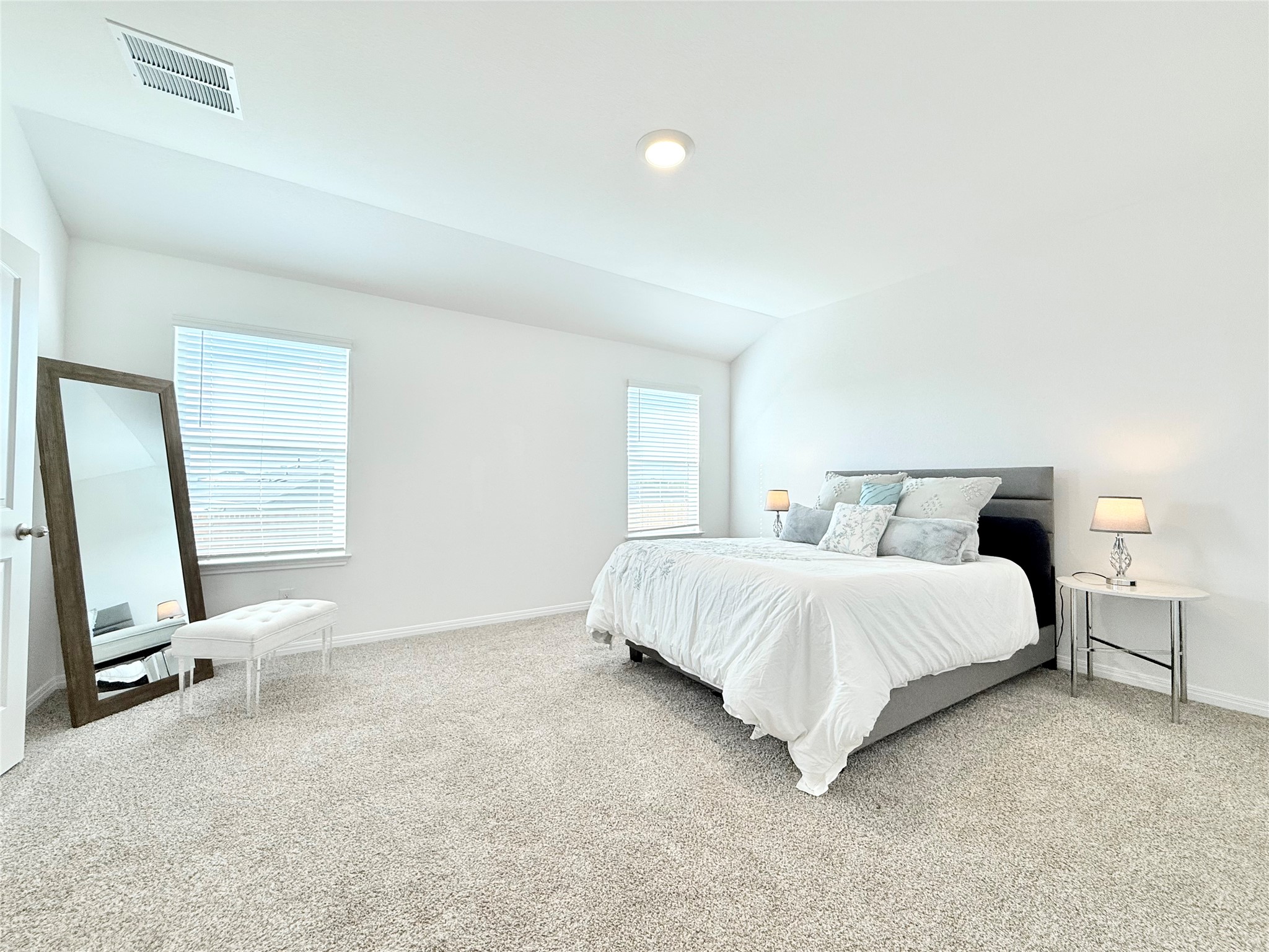 598 Gladiola Loop Kyle, TX 78640 - Photo 19 of 33 Bedroom featuring light colored carpet and vaulted ceiling