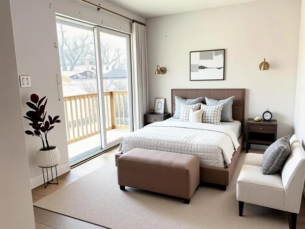 a bedroom with a bed a couch and a window