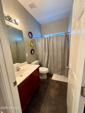 a bathroom with a sink a toilet a mirror and shower curtain