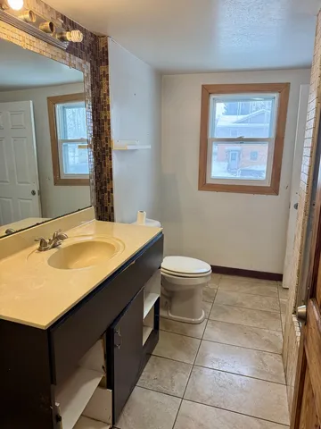 a bathroom with a sink a toilet and mirror