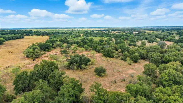 an aerial view of residential houses with outdoor space and trees