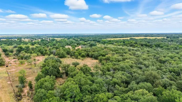 an aerial view of residential houses with outdoor space and trees