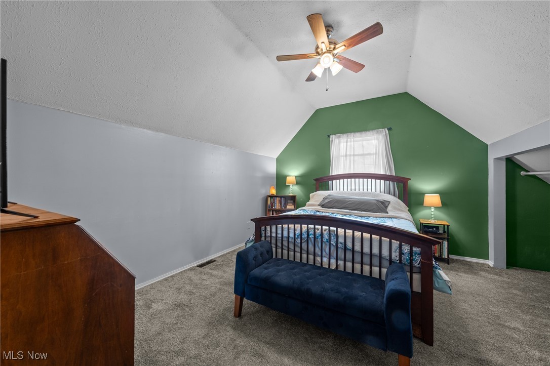 10641 Gilbert Road Newton Falls, OH 44444 - Photo 33 of 46 Carpeted bedroom featuring vaulted ceiling, ceiling fan, and a textured ceiling