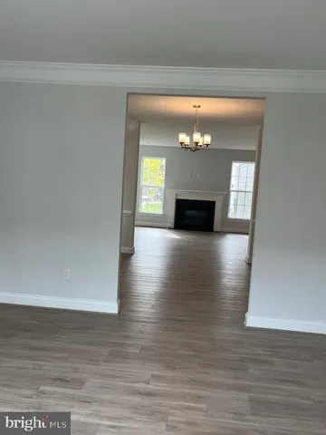 a view of a hallway with wooden floor and a fireplace