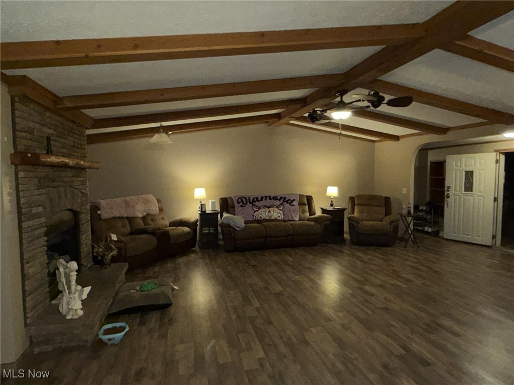 56 3rd Street Rayland, OH 43943 - Photo 36 of 46 Living room featuring dark wood-type flooring, a fireplace, arched walkways, and a ceiling fan