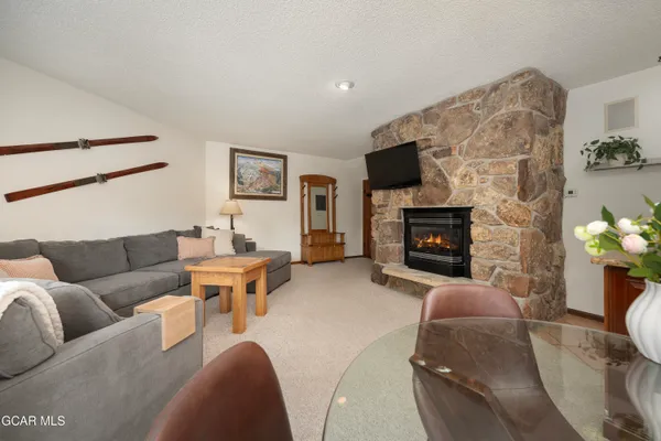 a living room with furniture a flat screen tv and a fireplace