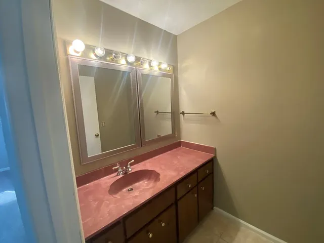 a bathroom with a sink and a mirror