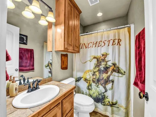 a bathroom with a sink toilet and shower