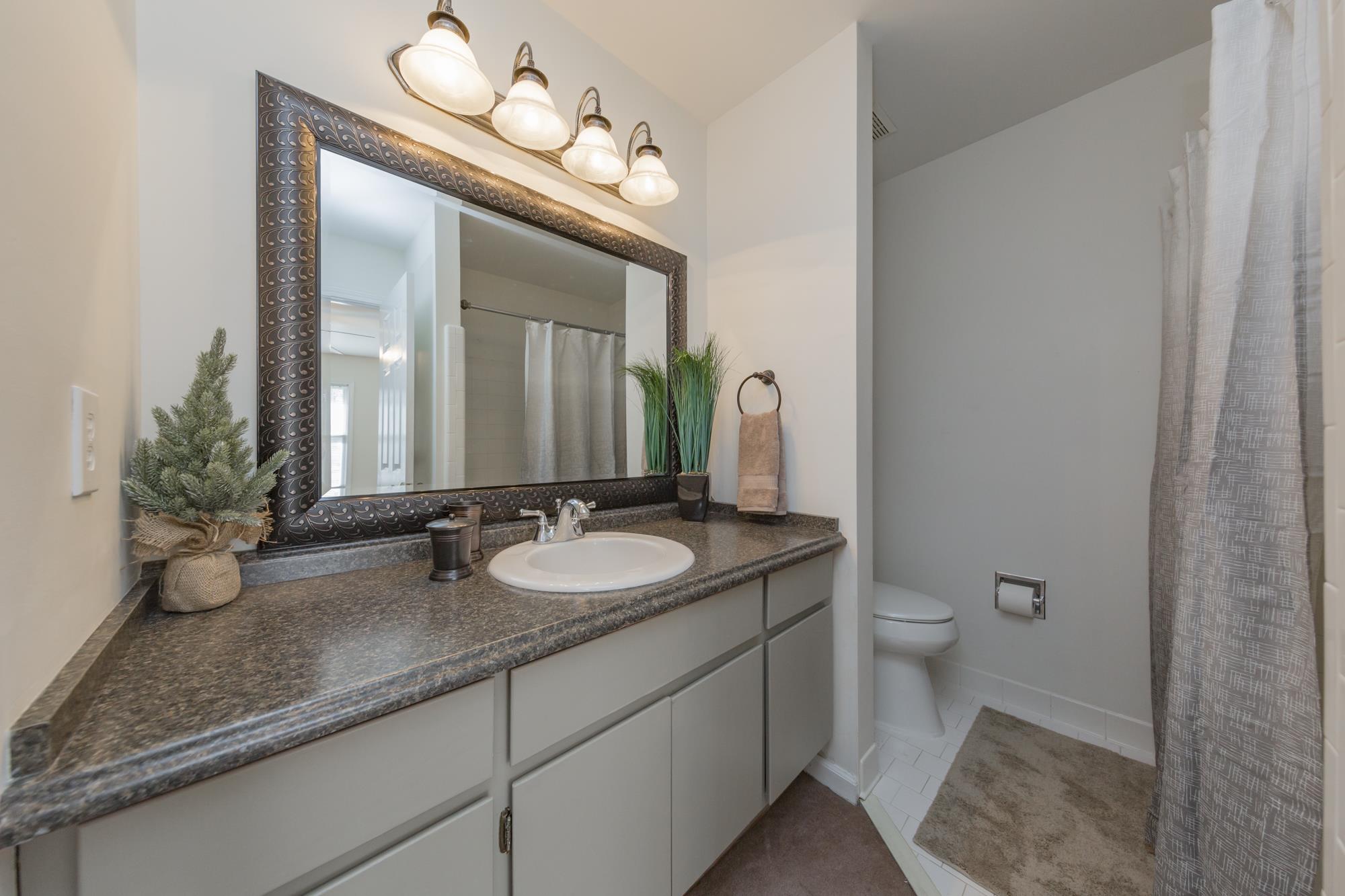 765 Kent Road, Unit 765 Nashville, TN 37214 - Photo 21 of 30 a bathroom with a granite countertop sink a toilet and mirror