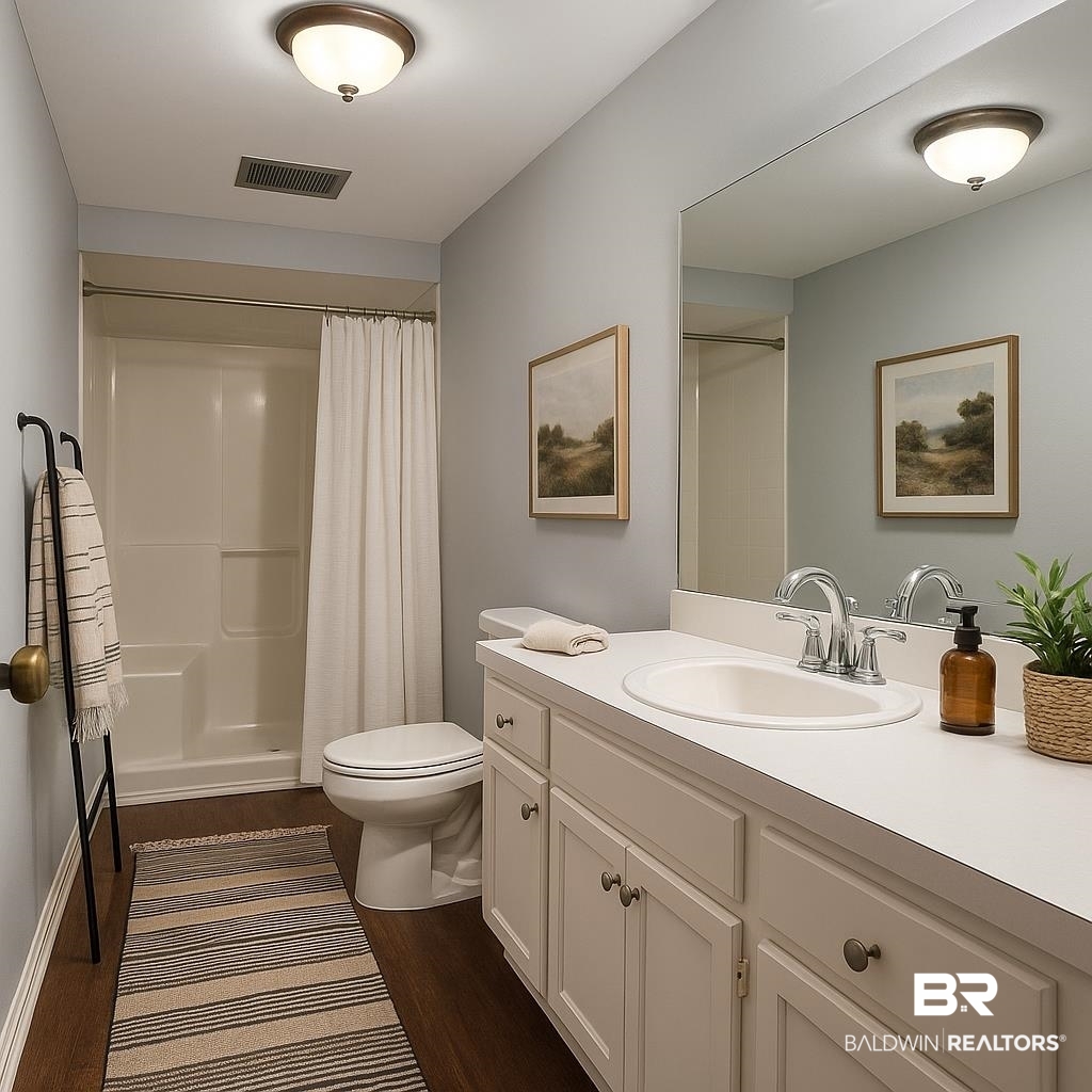 2691 Appleton Road Brewton, AL 36426 - Photo 36 of 60 Full bathroom featuring dark wood-style floors, vanity, and a stall shower