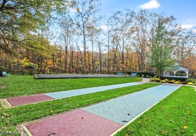 a view of a park with large trees