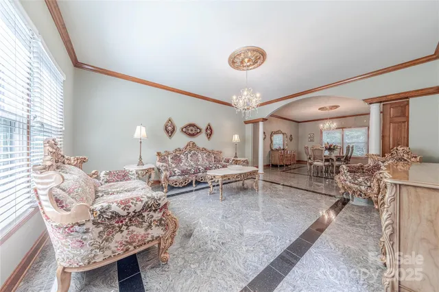 a view of a dining room with furniture