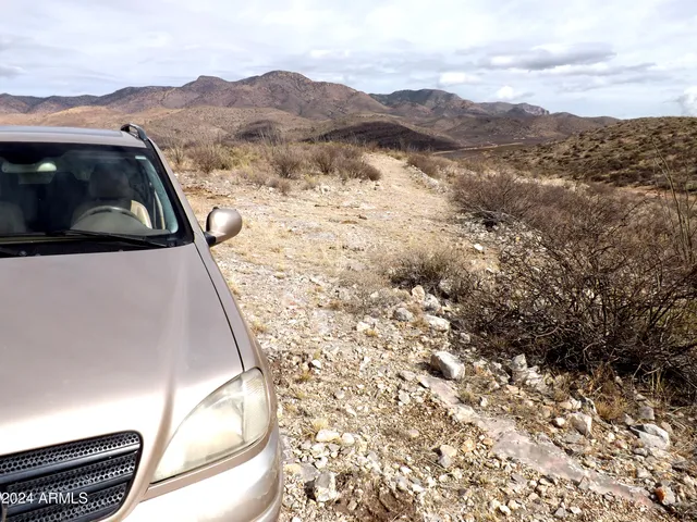 a view of a dry yard with mountains in the background