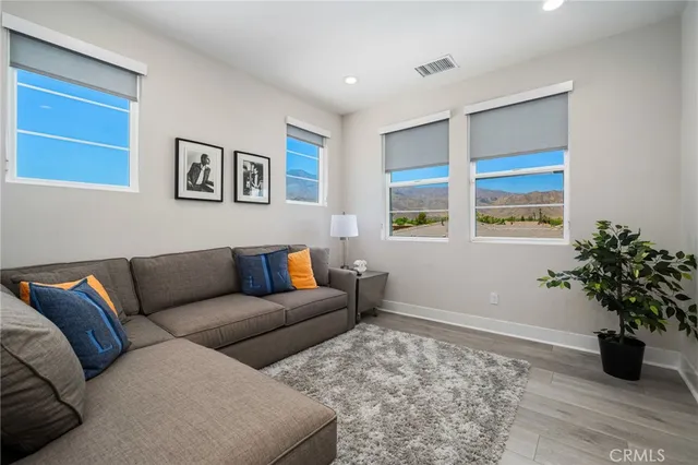 a living room with furniture plant and wooden floor