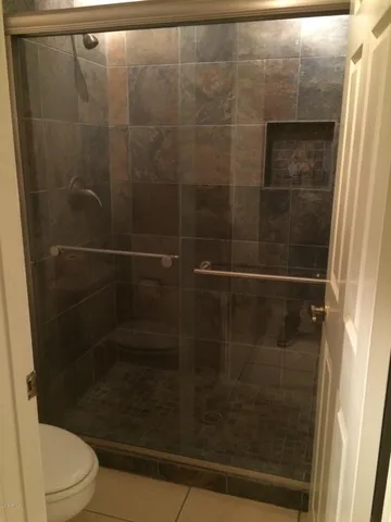 a bathroom with a shower and toilet