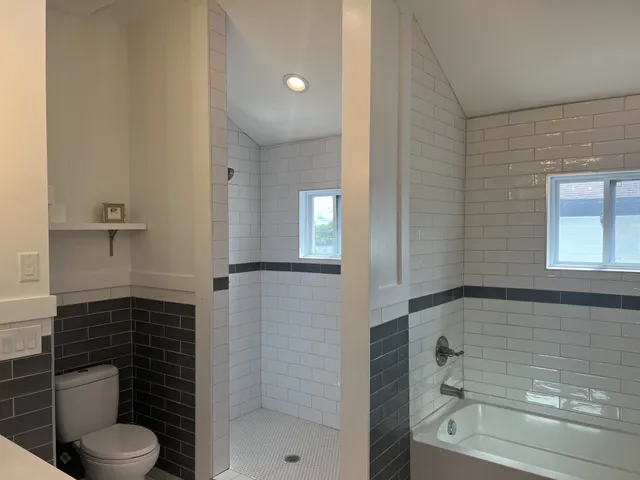 a bathroom with a shower and a toilet