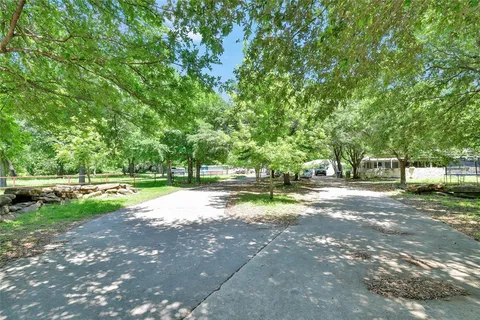 a view of a park with large trees