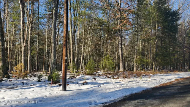 a view of a building with snow on the road